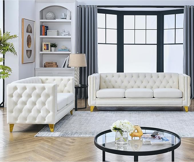 KEIKI Tufted Velvet 3+2 Seat Sofa Couch for Living Room Buttons Tufted Square Arm Couch for Home Apartment Beige