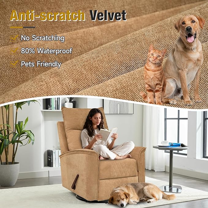 Swivel Rocker Recliner Chair for Adults Rocking Chair Small Swivel Recliner for Small Spaces Living Room Bedroom RV(Khaki)