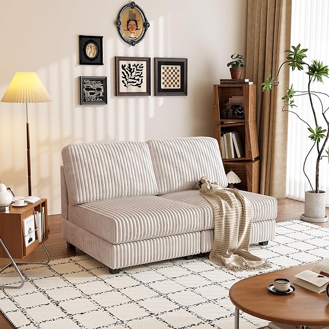 59.06 Modular Sectional Loveseat 2-Piece Deep Seat Corduroy Lounge Sofa Small Loveseat Couch for Living Room Bedroom ApartmentBeige
