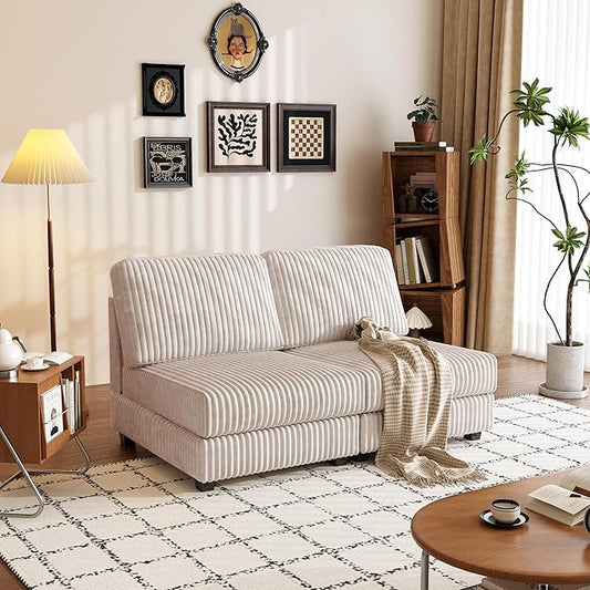 59.06 Modular Sectional Loveseat 2-Piece Deep Seat Corduroy Lounge Sofa Small Loveseat Couch for Living Room Bedroom ApartmentBeige