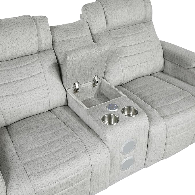 Lexicon Wall Hugger Manual Double Reclining Loveseat with Console Microfiber Home Theater Seating with Cup Holders/Hidden Arm Storage/Wireless Speakers/LED Base Lighting for Living Room Light Gray