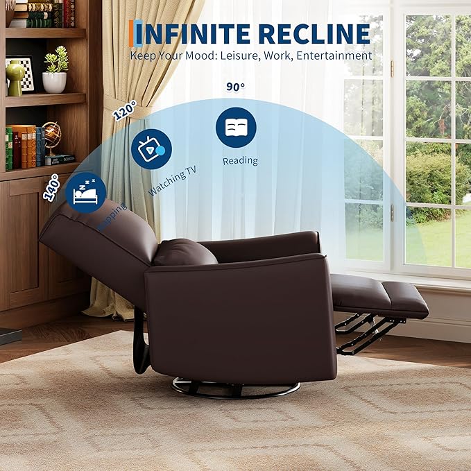 IDEALHOUSE Swivel Rocking Nursery Recliner Chair Rocker Recliner Glider Deep Seat PU Leather Sofa Chair with high Backrest for Nursery Living Room Bedroom &amp Home Movie Theater (Dark Brown)