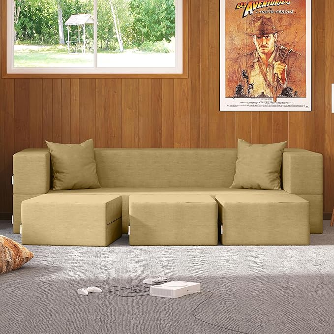 Jaxx Zipline Convertible Sleeper Sofa &amp Three Ottomans/California King-Size Bed Textured Microvelvet - Camel