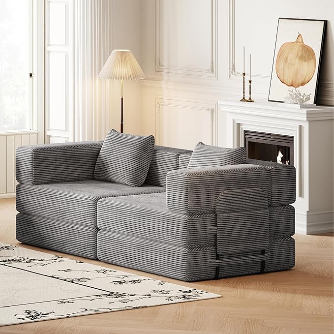 KEIKI 72.4'' Convertible Sofa Bed 2 Seat Corduroy Fabric Sofa with Two Side Storage Pockets and Two Cushions Comfortable Folding Sleeper Carpeted Couch for Living Room Bedroom and Study Grey