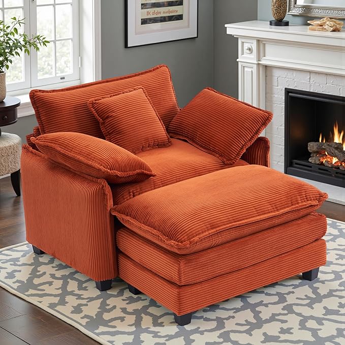 46 W Oversized Chair with Ottoman - Comfy Accent Chair and Ottoman Set Corduroy Large Armchair with Extra Thick and Deep Seat Cloud Chaise Lounge for Living Room (Orange Red)