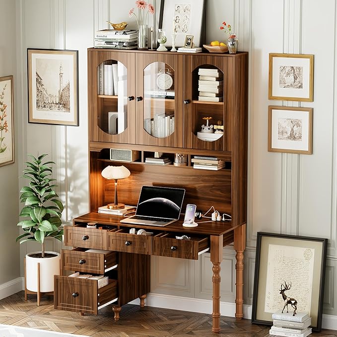 47'' Retro Home Office Desk with Charging Ports and Hutch Cabinet Wooden Executive Computer Desk with 5 Storage Drawers and Transparent Glass-Door Bookshelf for Home Office Bedroom (Walnut-04)