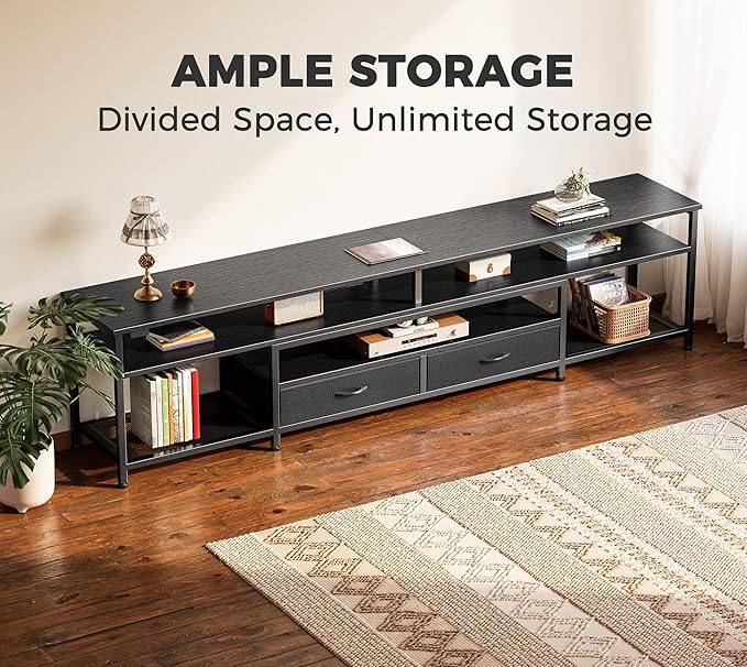 Huuger 79 Inch TV Stand for 85 90 Inch TV Entertainment Center with LED Lights and Power Outlets TV Console with Drawers Shelves Type C PU Leather Surface for Living Room Black