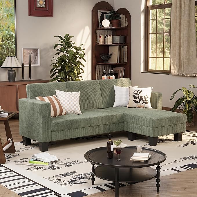 VICTONE Convertible Sectional Sofa Couch 3 Seat L-Shaped Sofa with Linen Fabric Ottoman Small Couch for Small Apartments Living Room and Office (Corduroy Green)