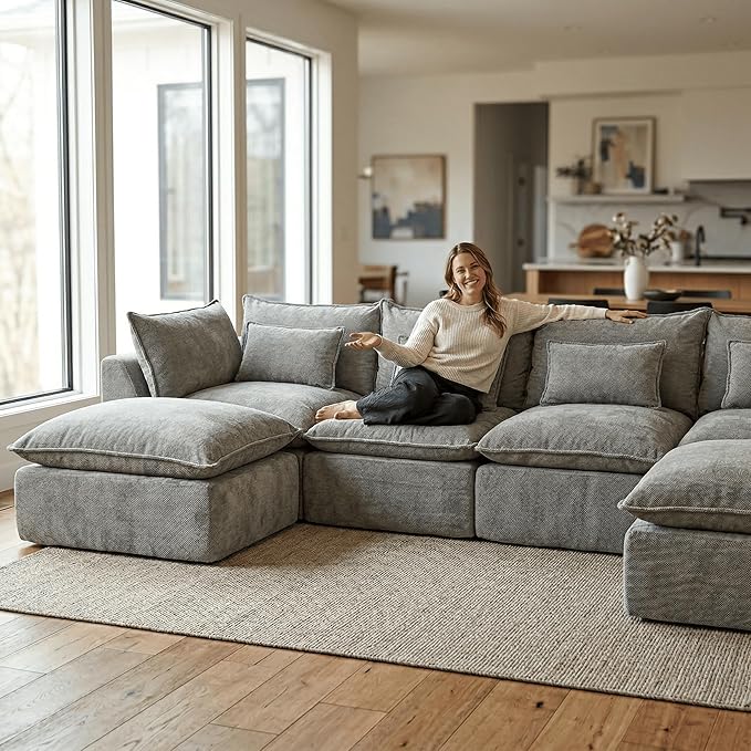 130 Oversized Cloud Sectional Sofa U Shaped Boneless 4-Seater Modular Couch with Ottoman Extra Deep Seat Compressed Foam Sofa for Living Room Gray