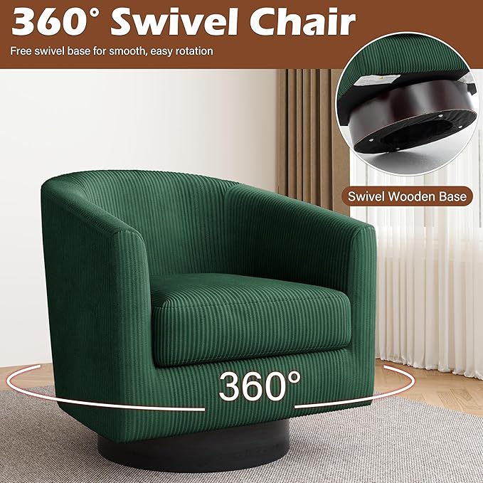 Lumibee Swivel Accent Barrel Chairs Set of 2 Upholstered Comfy Swivel Round Barrel Chair 360° Rotation Single Sofa Club Armchair for Living Room Reading Room Bedroom Corduroy Dark Green