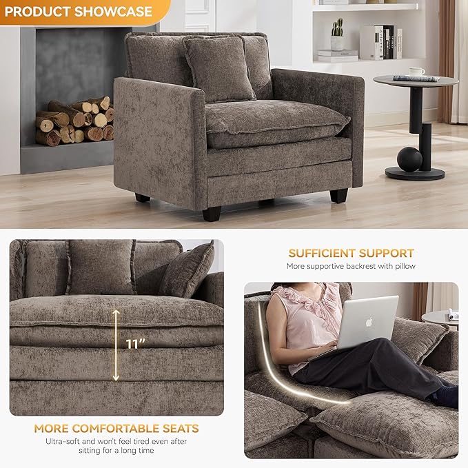41'' Modern Chenille Oversized Chair Upholstered Accent Living Room Chair with Extra Thicked Deep Seat Single Lounge Chair for Bedroom Small Apartment Brown