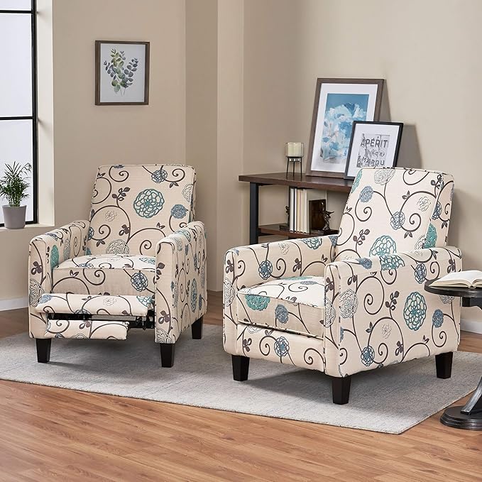Christopher Knight Home Emmie Fabric Recliner (Set of 2) Light Beige with Blue Floral Dark Brown