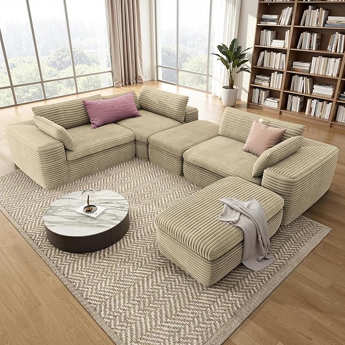 185'' Oversized Sectional Couches for Living Room Boneless Modular Sectional Sofa Plush Corduroy Cloud Couch with Ottoman U Shaped Sofa Bed No Assembly(Beige)