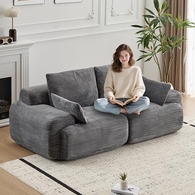 Modern Loveseat with Pillows Extra Deep Soft Cloud Love Seat with Multiple Corduroy Boneless 2 Seate Couch for Living Room Apartments Bedrooms Guest Rooms (Grey 2 Seat)