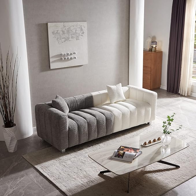 SZLIZCCC 87 Modern Upholstered Sofa Piano-Key Tufted Teddy Velvet Couch 3-Seater Comfortable Living Room &amp Office Sofa (Grey + White)