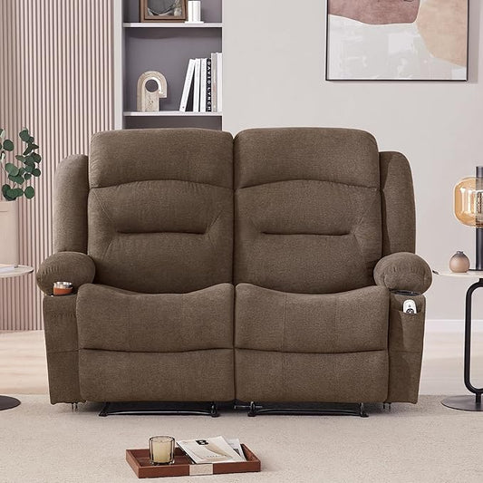 Oversized Recliner Loveseat with Heat and Massage Wall-Hugger Reclining Sofa with Cup Holders and USB Port Big Large 2-Seater Double RV Recliner Loveseat for Living Room (Fabric Brown)