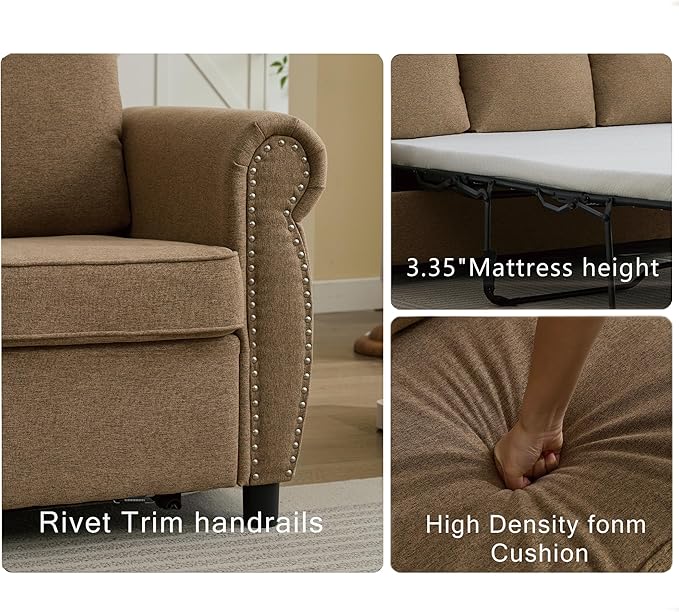 Pull Out Sofa Bed Queen Size Sleeper Sofa with Memory Foam Mattress 3 in 1 Convertible Pullout Couch Bed 3-Seater Comfy Upholstered Loveseat Sofas for Living Room Guest Room RV (Brown Linen)