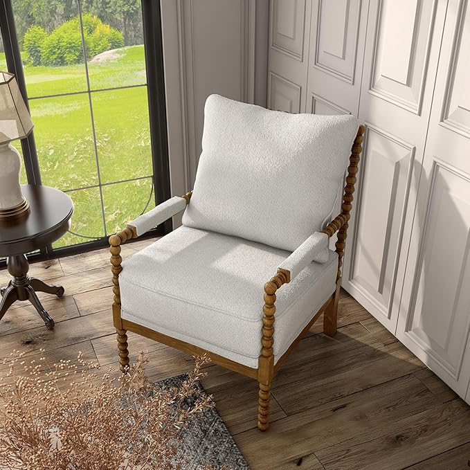 Furniture of America Dedee Mid Century Modern Boucle Fabric Accent Chair with Arms Wide Spindle and Solidwood Legs for Living Room Bedroom Reading Corner Home Office Light Oak and White