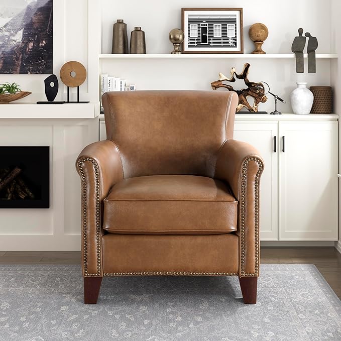 Lexicon 100% Top Grain Genuine Leather Chair Leather Accent Chairs for Living Room Solid Wood Frame Rolled Armrest &amp Nailhead Trim Comfy Reading for Bedroom Office Waiting Room Brown