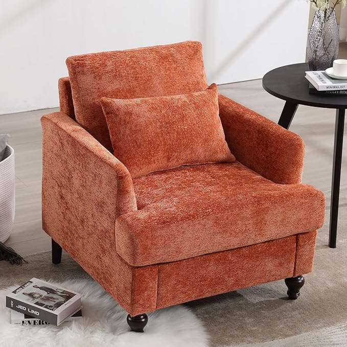 Modern Accent Chair Living Room Upholstered Chenille Armchair with Waist Pillow Single Sofa for Living Room Bedroom Office Orange