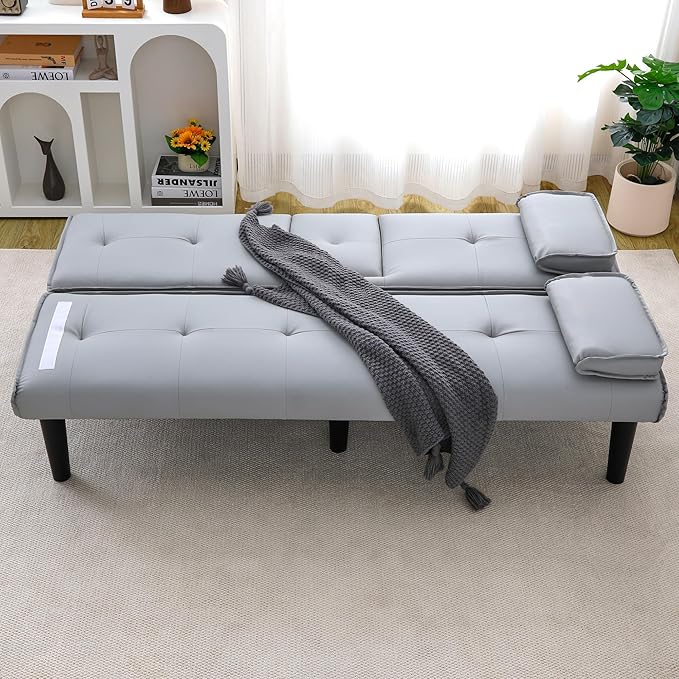 Futon Sofa Bed PU Leather Modern Convertible Futon Couch with Removable Armrests Cup Holders Loveseat Sleeper Sofa Bed for Living Room Apartment Small Spaces (Light Gray)
