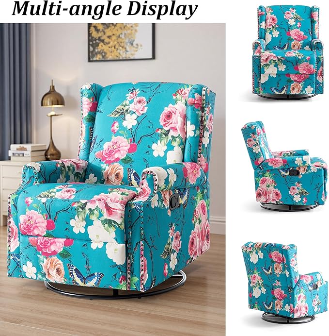 Swivel Rocker Recliner Chair Manual Nursery Glider Recliner Floral Fabric Wingback Accent Chair with Adjustable Backrest &amp Footrest for Small Spaces Living Room Bedroom (Peacock Blue Set of 2)