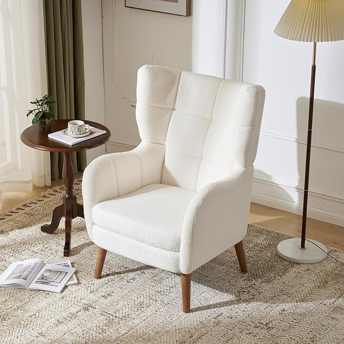 Harper &amp Bright Designs Accent Chair 41 Living Room Chair Comfy Upholstered Accent Chair with Birch Wood Legs Teddy Fabric White