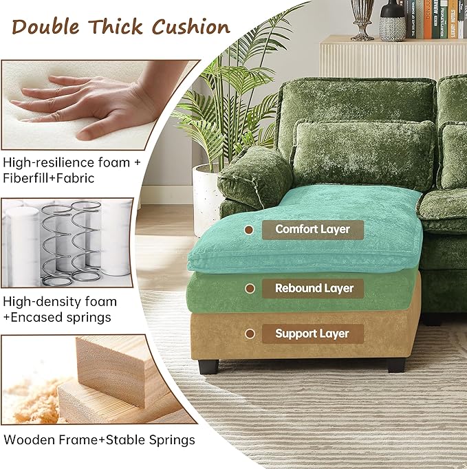 113 U Shaped Sectional Sofa Comfy Cloud Couch Chenille Sofa Sleeper Deep Seat Sofa with 4 Throw Pillows 4-Seater Double-Layer Modern Sofa for Living Room Green
