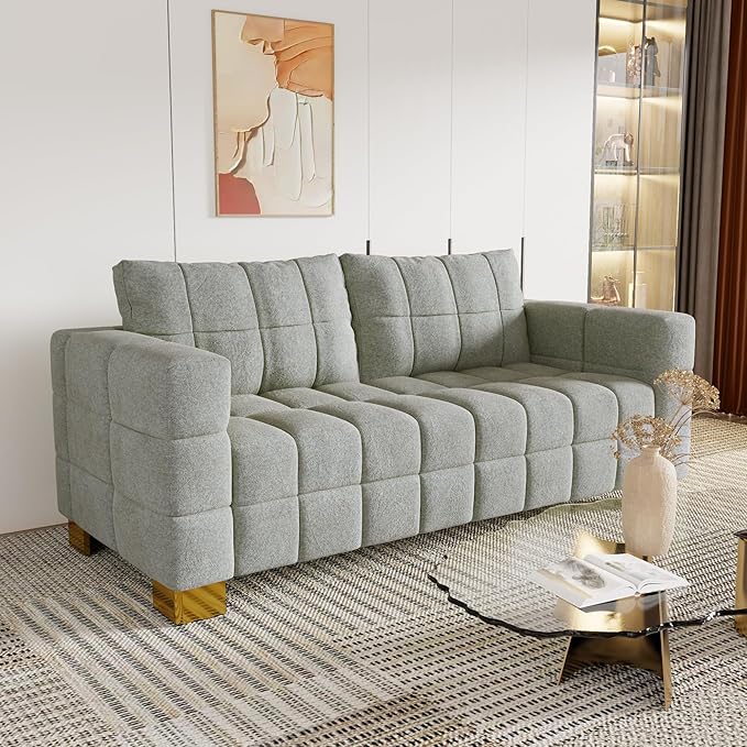 81.89 Sofa Comfy 3 Seat Sofa Tufted Chenille Upholstered Sofa Couch for Living Room with Gold Metal Legs and 2 Throw Pillows (Grey)