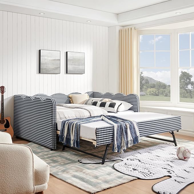 Cozy Gingham Daybed with Trundle Twin Size Sofa Bed No Box Spring Needed with USB Port and Adorable Wave Shaped Linen Fabric Navy (Full+Navy)