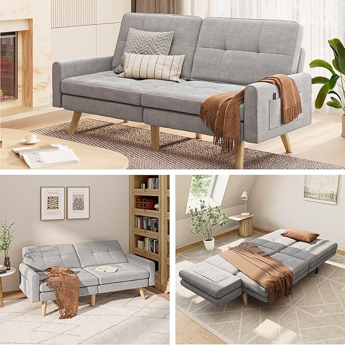 Gizoon 70.9 Sofa Bed Futon Couch Bed with Adjustable Backrest Modern Sleeper Sofa with Removable Armrest for Extended Length Love Seat for Living Room Office and Small Spaces Apartment Grey
