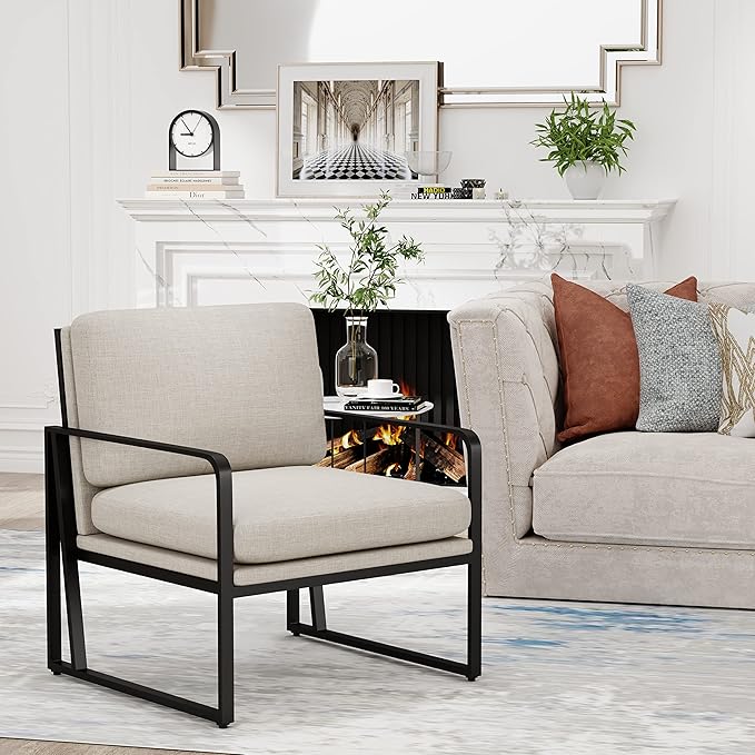 Andeworld Modern Accent Chair Set of 2 Mid Century Living Room ArmchairUpholstered Linen Sofa Side Chair with Metal Legs for ReadingLoungingBedroom Apartment Light Grey 2