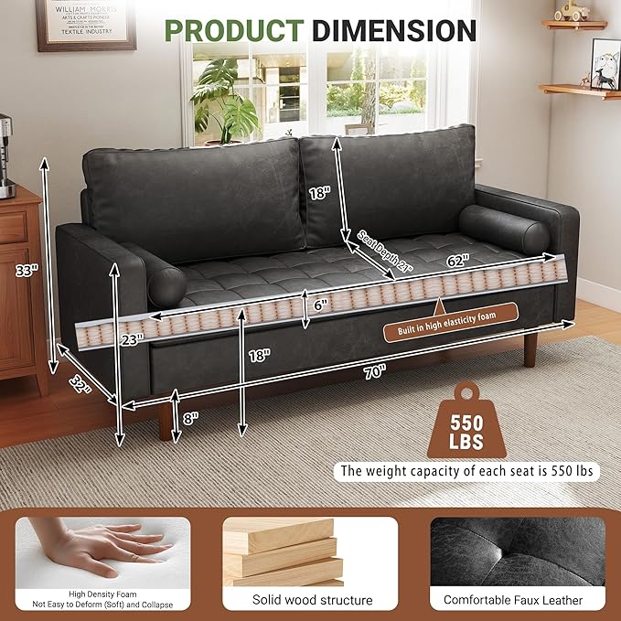 70 Loveseat Sofa Couch Mid-Century Vintage Couches 2 Seat Faux Leather with Solid Wood Frame Deep Seat 2 Pillows for Living Room Apartment Office Small Spaces Charcoal