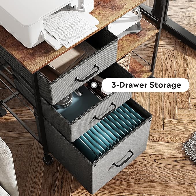 DEVAISE 3 Drawer Mobile File Cabinet Rolling Printer Stand with Open Storage Shelf Fabric Lateral Filing Cabinet fits A4 or Letter Size for Home Office Rustic Brown