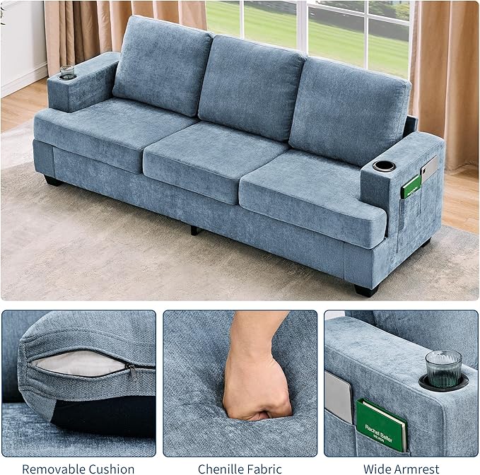 Garvee 89 Modern Sofa for Living Room 3-Seater Comfy Couches with Deep Seat Chenille Couch with Cup Holders and Side Storage Pockets for Apartment Lounge Blue