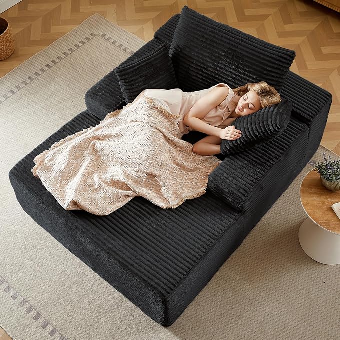 50 Oversized Chaise Lounge Chair IndoorCorduroy Boneless Reading Chair with 3 PillowsDeep Seat Cloud Sofa BedComfy Modern Sleeper Chairs in Box for Living Room BedroomNo Assembly(Black)
