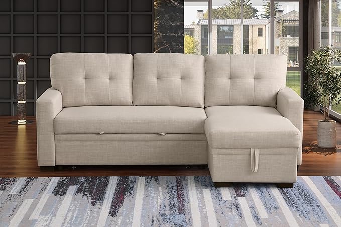 ERYE 82-inch Pull Out Sleeper Couch Bed L-Shaped Reversible Sleeper Sectional Sofa Linen Blend Tufted Upholstered Corner Convertible Sofa Bed with Storage Chaise