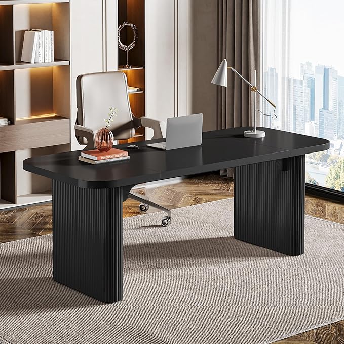 Tribesigns 62-Inch Modern Executive Desk Wood Office Desk Large Aesthetic Computer Desk with Double Pedestal Workstation for Home Office (Black)