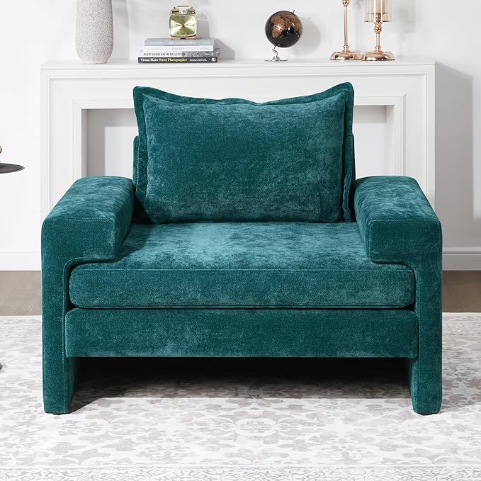 Christopher Knight Home Aylen Modern Chenille Upholstered Accent Chair with Wide Armrests Wooden Living Room Club Chair Bedroom Comfy Reading Chair with Back Pillow Teal Green