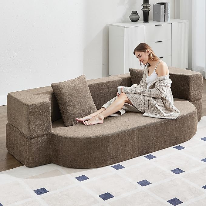 Folding Sofa Bed Convertible Futon Sleeper Bed 2-in-1 Foldable Floor Mattress with 2 Pillows Breathable High-Density Foam Lazy Couch Comfy Lounge Chair Brown