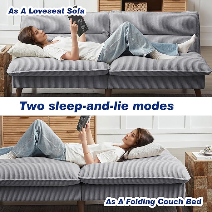 72 Futon Sofa Bed Convertible Futon Couch with Adjustable Backrest Modern Corduroy Sleeper Sofa for Small Spaces Living Room Office Light Grey