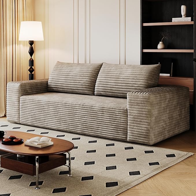 3 Seater Couch for Living Room 71 inch Fluffy Corduroy Boneless Couch Cloud Loveseat with Wide Armrest Modern Upholstered Floor Sofa in a Box No Assembly Required Camel