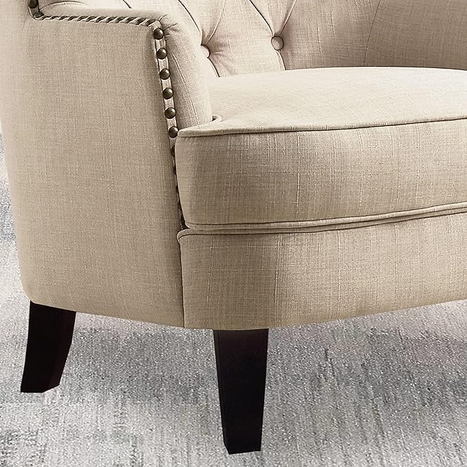 Rosevera Accent Chair and Ottoman Set - Button Tufted Armchair for Living ROM Bedroom Reading - Mid-Century Modern Lounge Chair Set - Beige