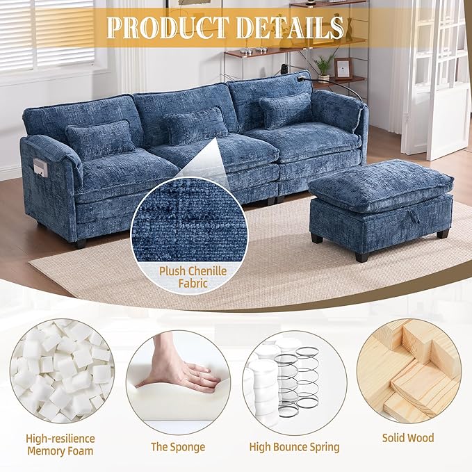 KEIKI 110 L-Shaped Boucle Modular Sectional Chenille Sofa with 1 Ottoman &amp Memory Foam Cushion &amp Phone Holder &amp USB Upholstered Modern Oversized 4-Seater Couch Easy Assembly for Living