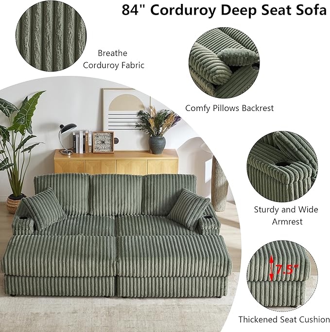 Aoowow 84 Corduroy Oversized 3-seater sofa with 2 Ottomans Modular Sectional Deep Seat Sofa with Back and Toss Pillows Modern Comfy Sofa with 2 Storage Spaces and Cup Grooves for Living Room Green