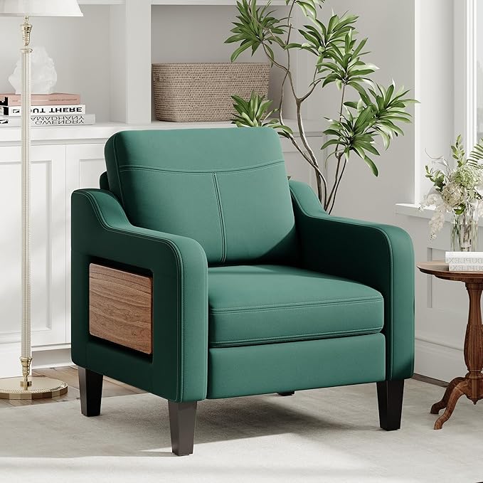 Accent Chair for Living Room Modern Linen Upholstered Armchair Side Wooden Fabric Sofa Chair with Foldable Table 2 Side Pockets Comfy Reading Chair for Bedroom