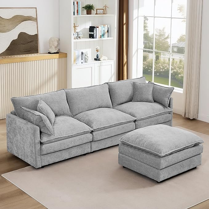 Grey Sectional Modular Sofa Cloud Couch 105 Modern Convertible L-Shape Sofa Deep 3-Seater Soft Chenille Comfy Upholstered with Removeable Ottoman Set and Removable Cushions for Living Room