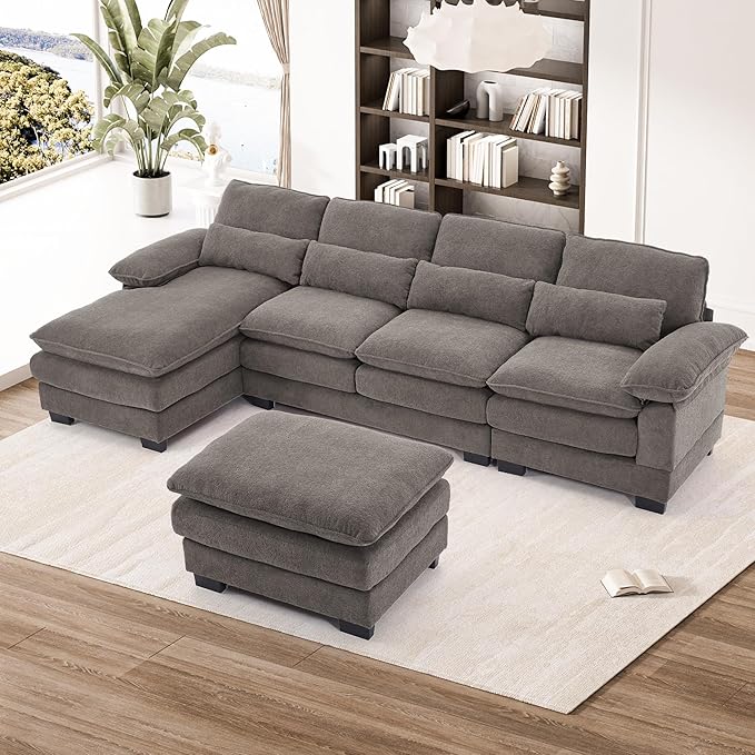 OUYESSIR 113 U Shape Sectional Cloud Couch with OttomanFluffy Sectional Couches for Living Room4 Seater Modular Sectionals SofaComfy Cloud Sofas &amp Couches with 4 PillowsGrey