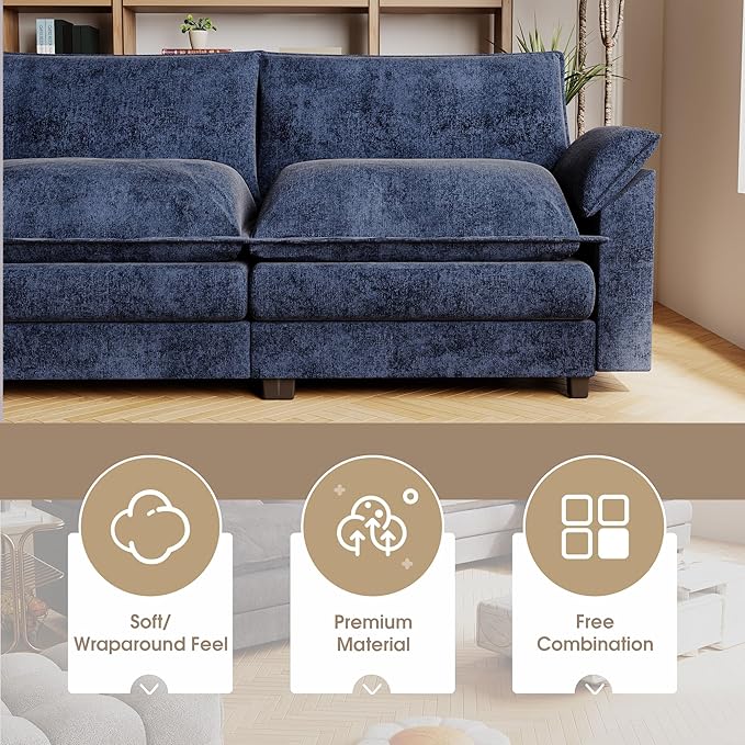 JUMMICO 159” Sectional Sofa Modern Deep 3-Seat Sofa Couch with Reversible Ottoman U-Shaped Chenille Fabric Modular Sofa Sleeper Comfy for Living Room/Bedroom/Apartment (Blue U Shaped Sofa)