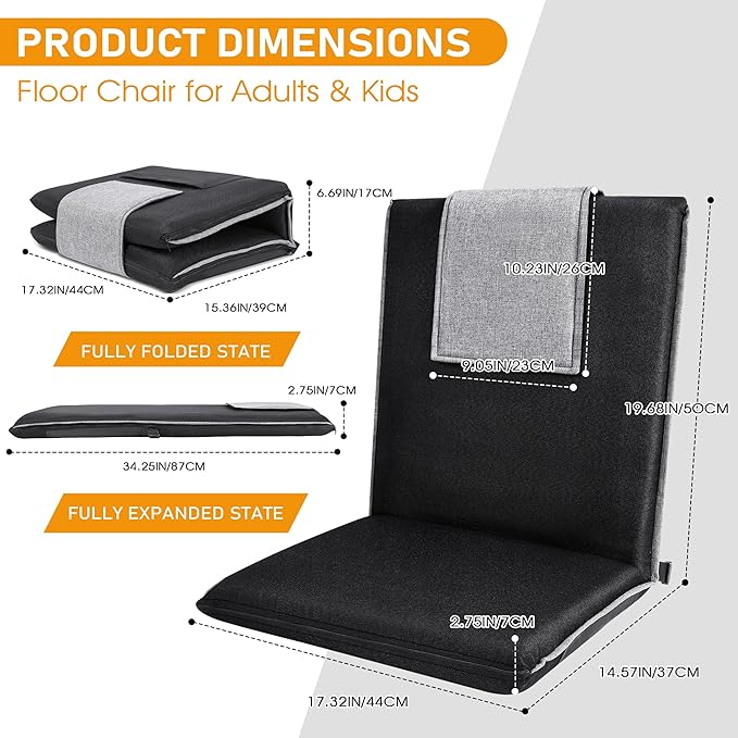 Floor Chair with Back Support 14-Position Adjustable Floor Chair Portable Ground Seating for Adults &amp Kids Foldable Meditation Seat with Japanese KOYO Bearings &amp Washable Linen Cover (Black)